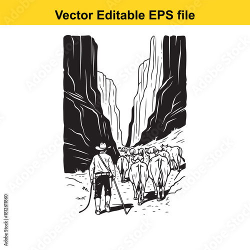 Black and white vector illustration of a cowboy herding cattle through a narrow canyon passage, viewed from behind