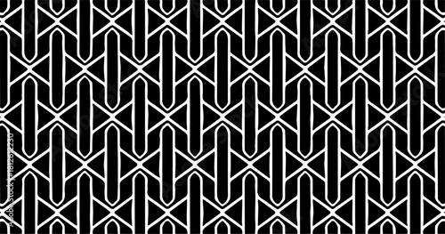 Black and white seamless pattern composed of interlocking geometric bars forming a structured, modern lattice design.