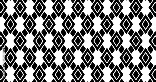 Bold black and white pattern with repeating diamond shapes set in a high-contrast geometric layout.
