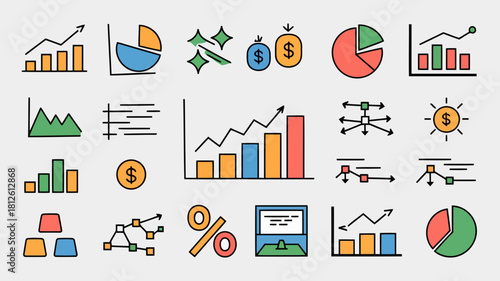 Collection of colorful icons representing business, finance, and data analysis concepts including charts, graphs, and financial symbols