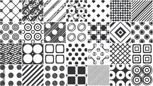 A collection of various geometric patterns and shapes in black and white