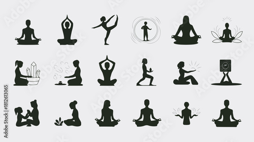 Collection of yoga and meditation poses illustrated in black silhouettes on