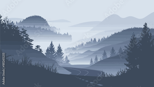 Serene landscape with terraced fields and misty mountains in a tranquil nature scene