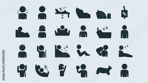 Set of icons depicting various sleeping and resting positions of people and animals