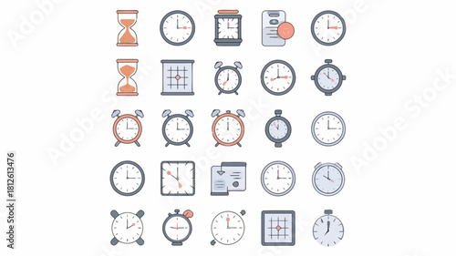 Collection of various clock icons and timerelated symbols including analog, digital, and hourglass designs