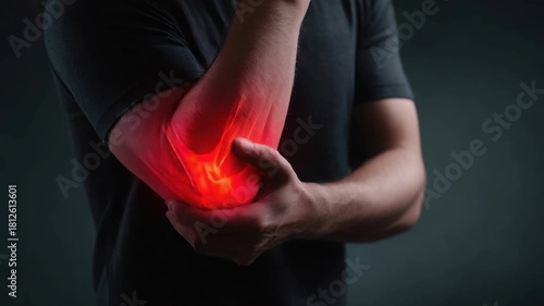 Man holding his painful elbow with red highlight showing injury. Medical illustration of elbow pain from injury, arthritis, or overwork suffer.