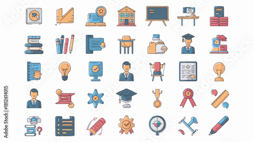 Collection of colorful icons representing education, learning, and academic achievements