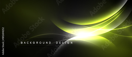 Abstract design features flowing lines, bright light source, dark background. Olive green hues dominate composition. Modern aesthetic.