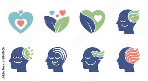 Collection of mental health and wellbeing icons with hearts leaves and abstract shapes.