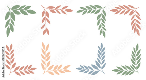 Collection of eight elegant leaf corner borders in various pastel colors perfect for decorative designs.