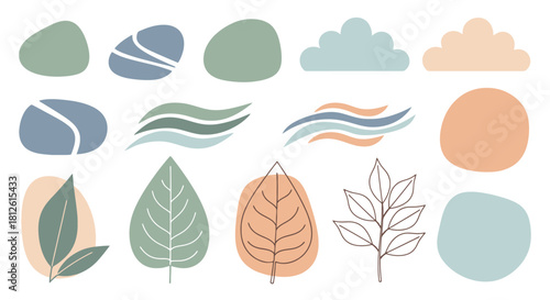 Abstract Nature Elements Collection Leaves Stones and Waves in Earthy Tones.
