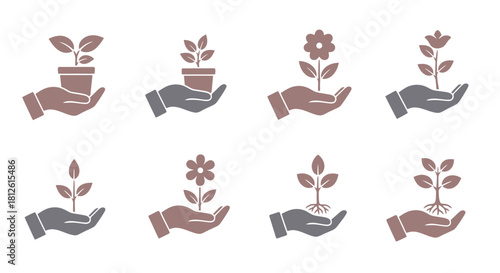 Hands holding various plants and flowers symbolizing growth and care.