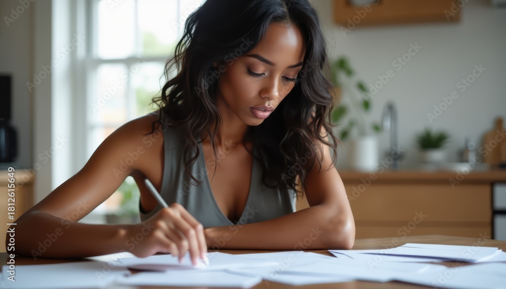 Obraz premium Concerned Young Woman Sorting Envelopes