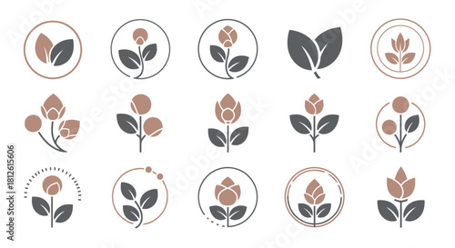 Collection of minimalist floral and leaf icons in various styles and arrangements.