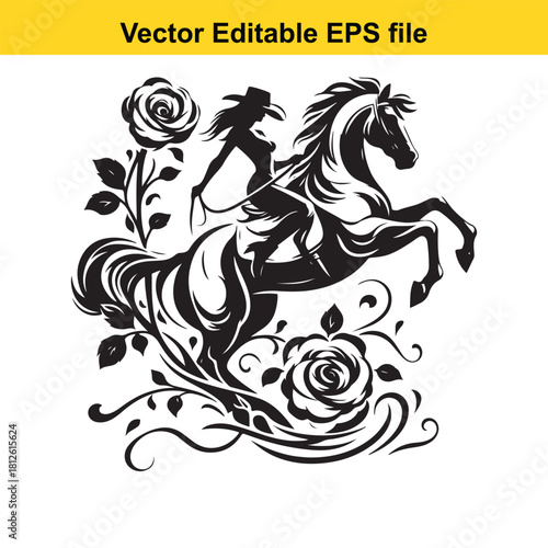 Silhouette of cowgirl riding rearing horse with rose decoration