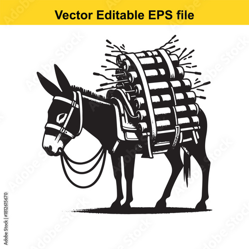 Black and white vector illustration of a donkey carrying wood