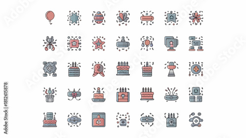 Set of colorful icons featuring fireworks, balloons, and festive decorations for celebrations and events