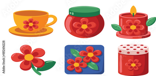 Vector collection of six charming floral icons for spring, home decor, and decorative applications