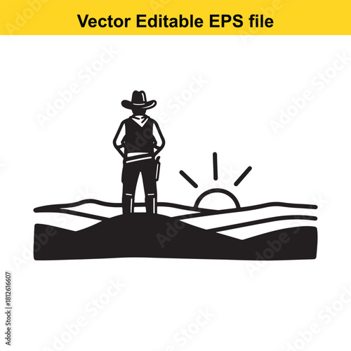 Black silhouette icon of a cowboy standing in the desert landscape with a rising or setting sun, vector editable eps file