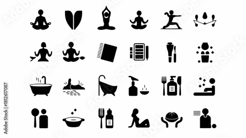 Set of black icons representing various activities like yoga, reading, eating, and working on a computer