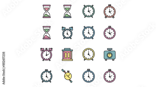 Collection of various clock icons including analog, digital, and alarm clocks in a flat design style