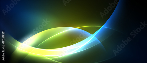 Abstract design features flowing curves, vibrant colors. Blue, yellow, green hues blend seamlessly against dark background. Dynamic composition.