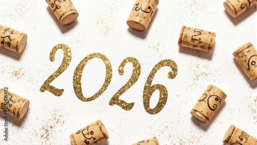 Golden Glitter 2026 with Wine Corks on White Background.