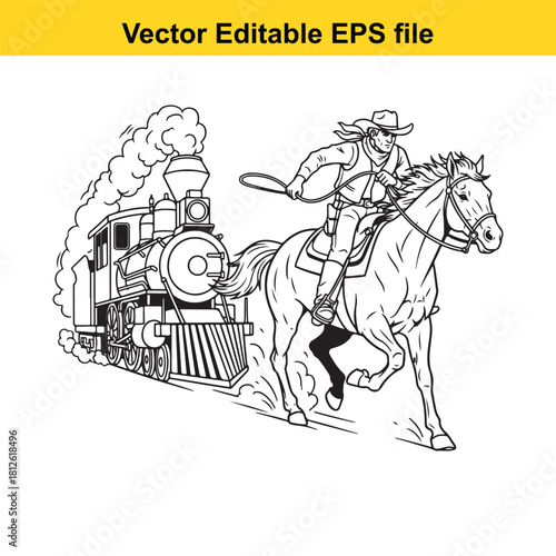 Black and white line art vector illustration of a cowboy riding a galloping horse alongside a steam locomotive train, isolated on