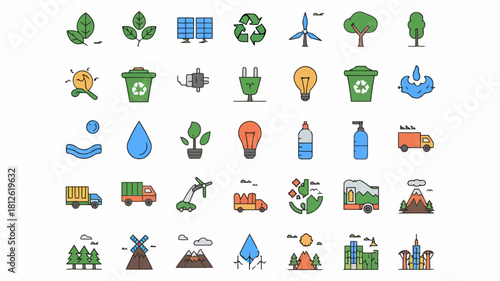 Collection of colorful icons representing environmental protection, recycling, and sustainable practices