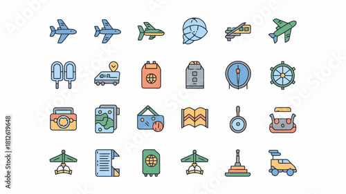 Collection of colorful icons representing travel, transportation, and leisure activities including airplanes, trains, and books