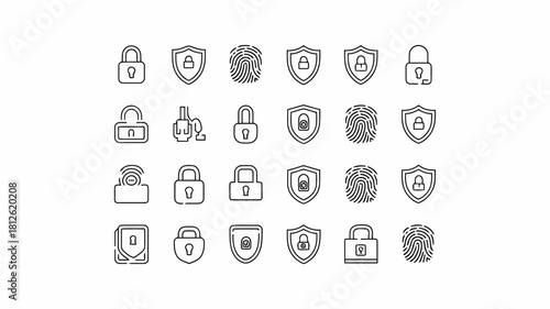 Set of various security icons including locks, shields, and security badges in a minimalist line art style