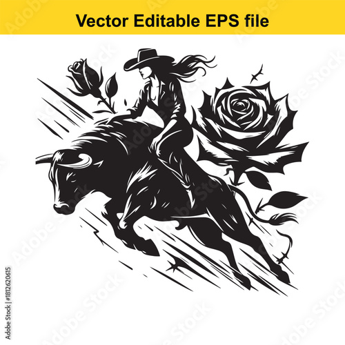 Cowgirl riding a bucking bull with roses, vector illustration