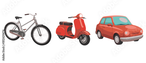Vector illustration of a bicycle, red scooter, and car, portraying common personal and urban transport solutions