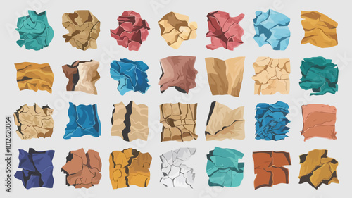 Assorted crumpled paper pieces in various colors and textures, showcasing different shades and forms