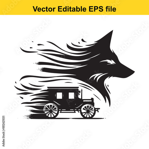 Black silhouette of vintage car speeding with wolf head motion