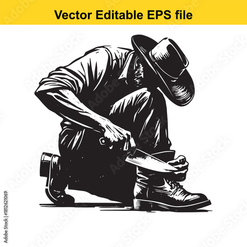 Black and white vector illustration of a cowboy or rancher kneeling and sharpening a large knife with a whetstone, isolated on
