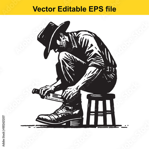 Black and white vector illustration of a rugged cowboy sitting on a stool sharpening a knife, isolated on