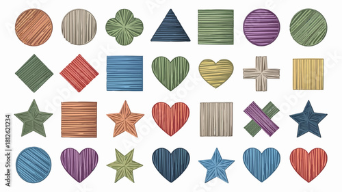 Colorful geometric shapes and patterns including circles, hearts, stars, and triangles in various colors and styles