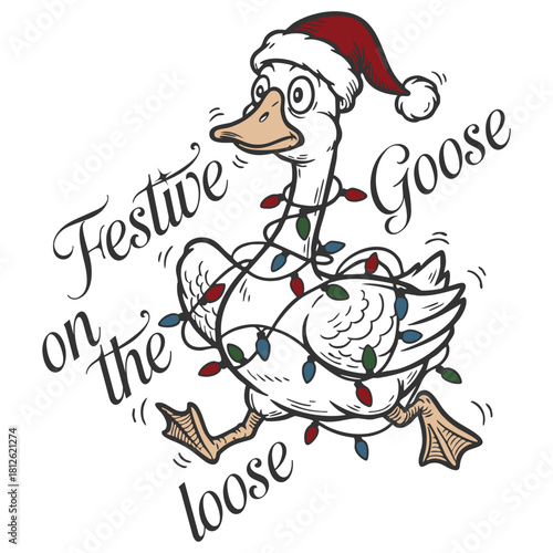 Festive Goose On The Loose - Retro Christmas Illustration