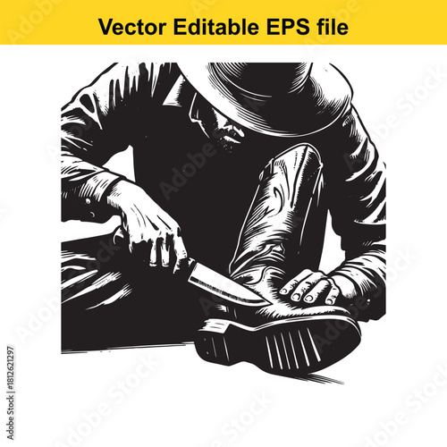 Black and white vector illustration of a cowboy or rancher sitting down and carefully cleaning mud and dirt from the sole of his leather boot using a sharp knife