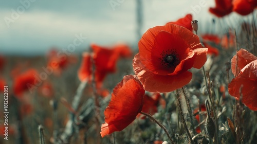 Vibrant red poppy flowers blooming in summer field
