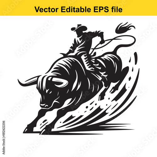 Black and white vector illustration of a cowboy riding a bucking bull