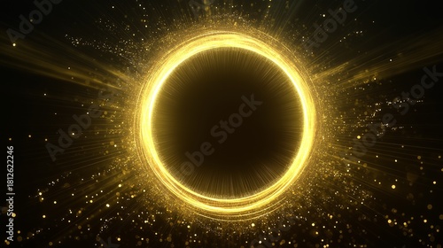 Golden bright particle explosion abstract background with ring