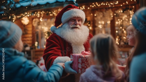 Santa claus giving christmas presents to excited happy children
