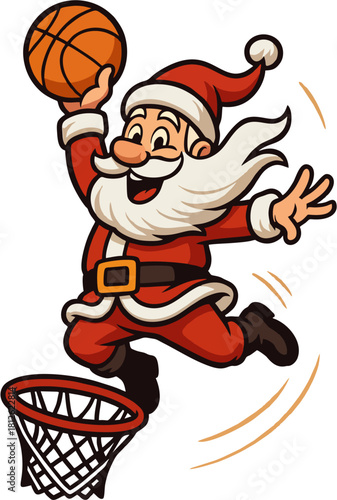 Cartoon Santa Claus in a red suit energetically dunking a basketball into a hoop with dynamic motion lines and a cheerful expression.