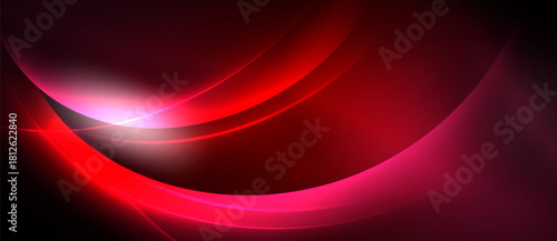 Abstract red design features flowing curves, bright highlights, dark shadows. Smooth gradients create dynamic visual impact.