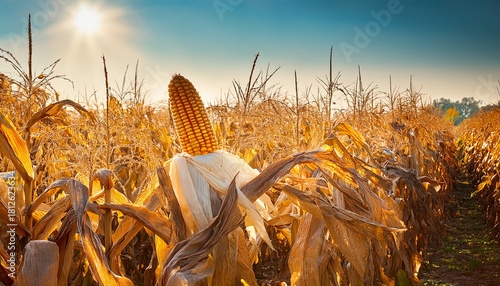 Ripe Golden Corn Cob In A Field Bathed In Sunlight