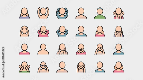 Diverse group of illustrated people with various expressions and activities, including emotions and actions