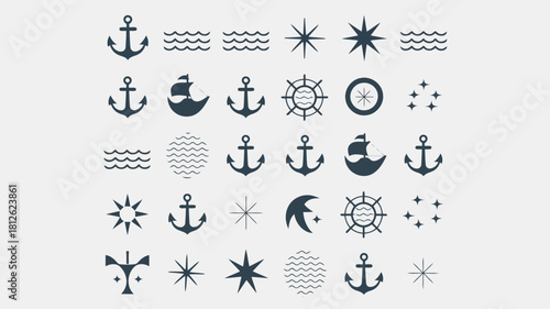 Collection of nautical and celestial symbols including anchors, stars, moons, and waves in black and white