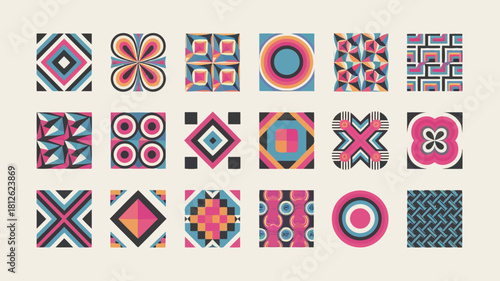 Colorful geometric patterns and abstract designs with vibrant colors and intricate shapes